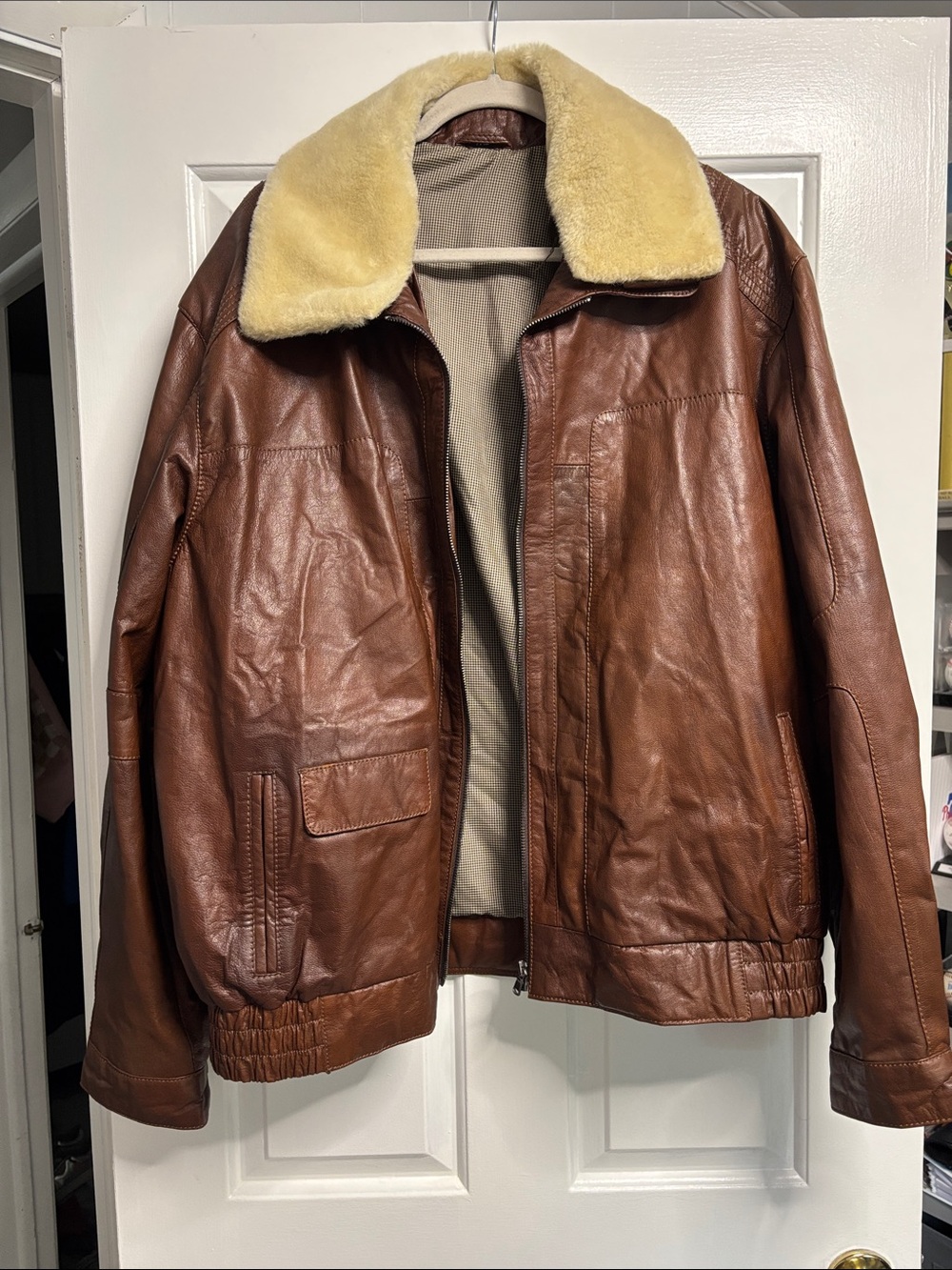 Men's Brown Leather Bomber Jacket with Removable Cream Shearling Collar